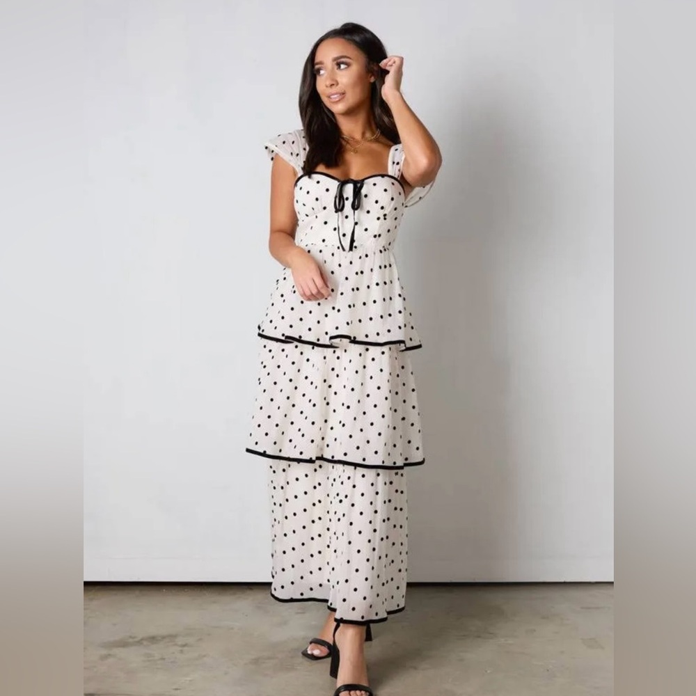 Polka Dot Tiered Maxi Dress with Black Trim